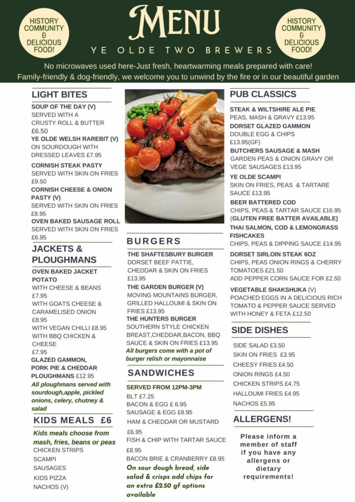 A menu for "Ye Olde Two Brewers" featuring sections for Light Bites, Jackets & Ploughmans, Pub Classics, Burgers, and Desserts. Offers a variety of traditional dishes such as Welsh rarebit, Cornish pasty, gammon steak, and homemade pies.