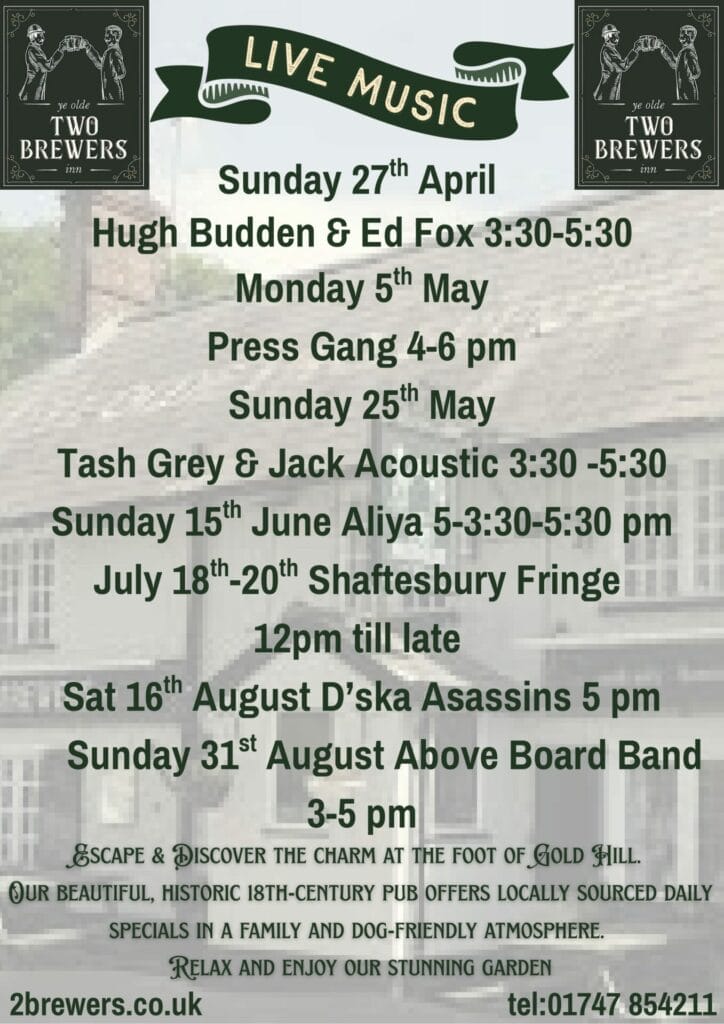 A poster for Two Brewers pub advertises live music dates from April to August, listing bands and times, along with contact details and a description of the pub's atmosphere and food offerings.