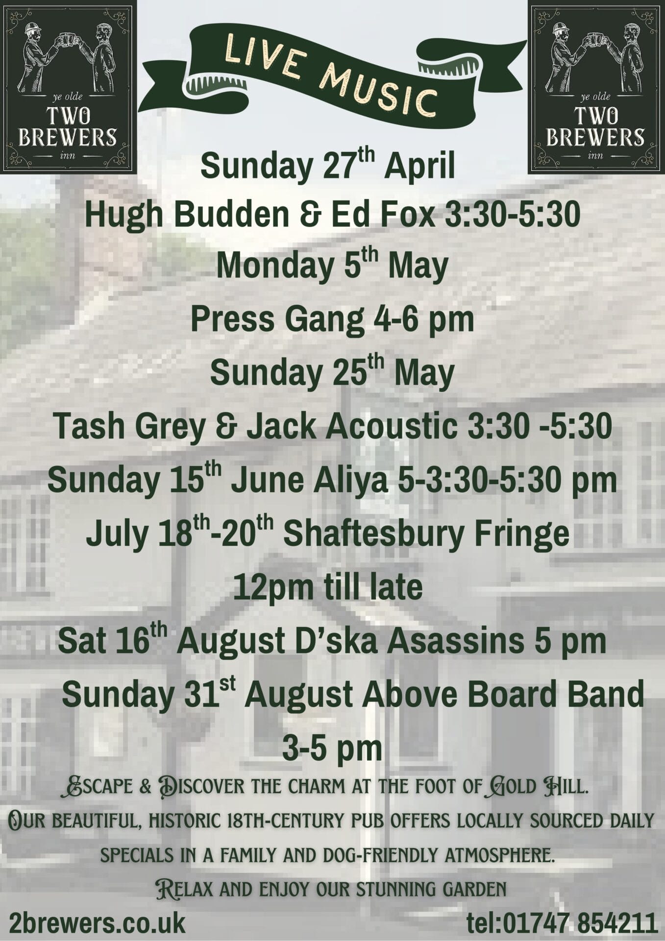A poster for Two Brewers pub advertises live music dates from April to August, listing bands and times, along with contact details and a description of the pub's atmosphere and food offerings.