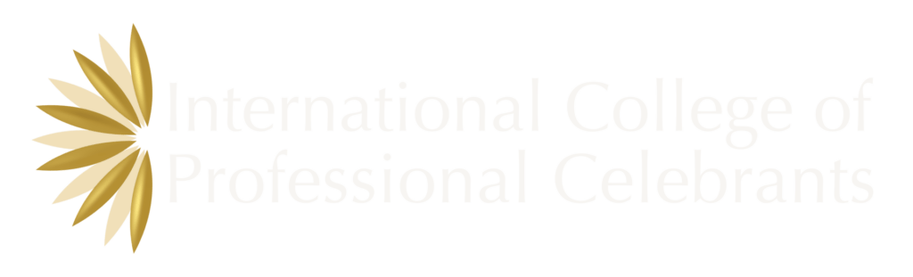 Logo of the International College of Professional Celebrants featuring a yellow sunflower design on the left and the organization's name in white text on a black background.