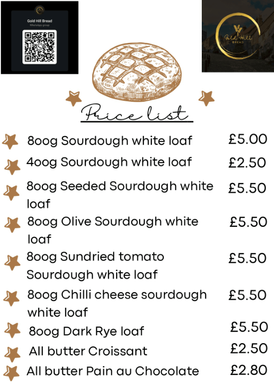 A bakery price list featuring various types of sourdough loaves, dark rye, croissant, and pain au chocolat, with illustrated bread and stars beside each item. Prices range from £2.50 to £5.50.