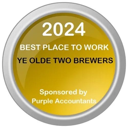 A gold and silver circular badge with the text: "2024 BEST PLACE TO WORK YE OLDE TWO BREWERS Sponsored by Purple Accountants.