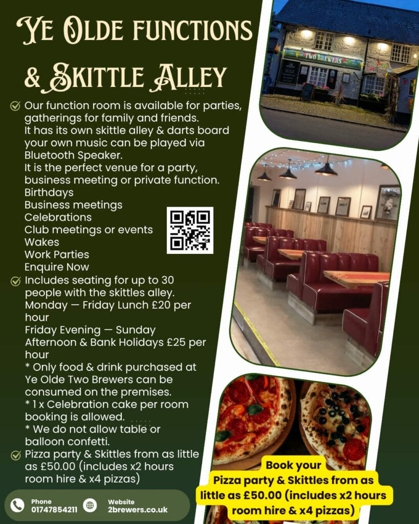 An advertisement for Ye Olde Two Brewers' functions and skittle alley, featuring event details, pricing, food offers, and booking info alongside images of a skittle alley, darts, pizza, and seating area. Contact details and QR code included.