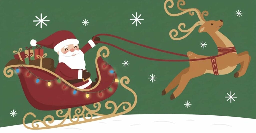Illustration of Santa Claus smiling in a sleigh filled with gifts, holding reins attached to a flying reindeer. Snowflakes fall around them against a green background.