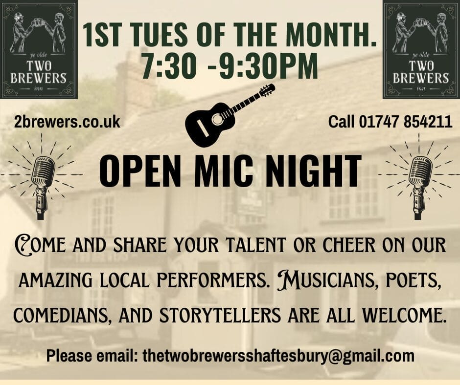 Poster for The Two Brewers' Open Mic Night, held the first Tuesday of each month from 7:30 to 9:30 PM. Musicians, poets, comedians, and storytellers are welcome. Contact info and email included.