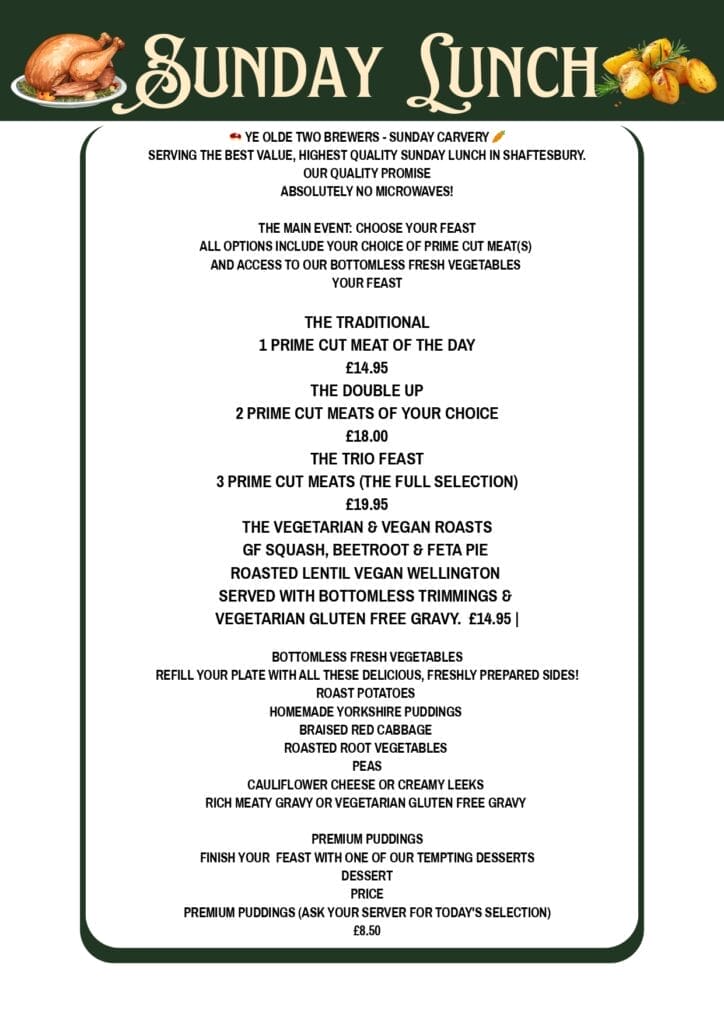 Sunday Lunch menu with decorative food illustrations, featuring a carvery feast menu, vegetarian and vegan options, bottomless fresh vegetables, homemade Yorkshire puddings, desserts, and all prices clearly listed.