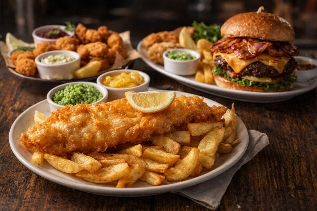 A plate of golden fried fish and thick-cut chips garnished with a lemon wedge, served with peas and sauces. In the background, a cheeseburger with bacon, fried prawns, and more sides are visible on a rustic wooden table. A plate of golden fried fish and thick-cut chips garnished with a lemon wedge, served with peas and sauces. In the background, a cheeseburger with bacon, fried prawns, and more sides are visible on a rustic wooden table.